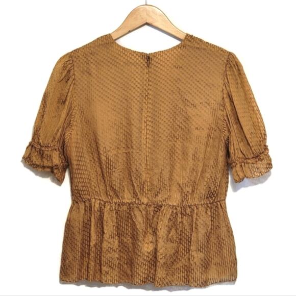 Lewit Silk V Neck Short Sleeve Tan Gold Peplum Blouse Size S - Picture 6 of 13